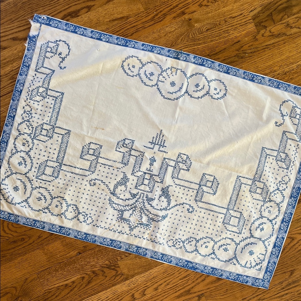 Embroidered Tablecloth Dresser Scarf Blue Cross Stitch Cutter Vintage